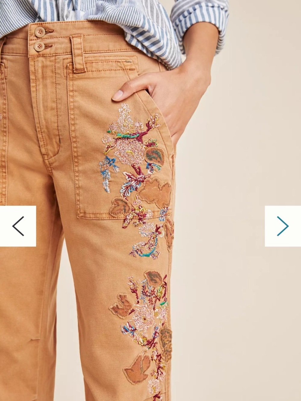 Anthropologie Tan Wanderer Embroidered Floral Cargo Pants 10 Fairygrunge Boho